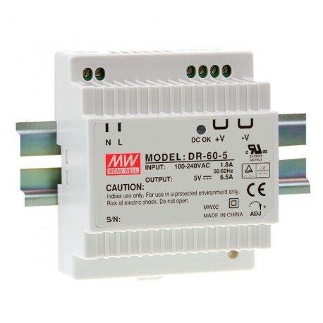 DR-60-12 - DR-60-12 MEANWELL AC-DC Industrial DIN rail power supply, Output 12VDC / 4.5A, plastic T-shape case