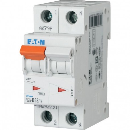 PLZ6-B63/1N-MW - PLZ6-B63/1N-MW 242791 Y7-242791 EATON ELECTRIC Over current switch, 63A, 1pole+N, type B characteristic