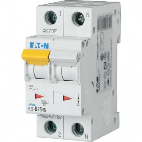 PLZ6-D25/1N-MW - PLZ6-D25/1N-MW 242836 Y7-242836 EATON ELECTRIC Over current switch, 25A, 1pole+N, type D characteristic