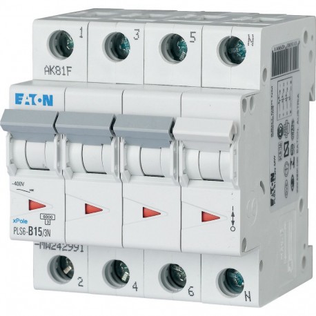 PLS6-B15/3N-MW - PLS6-B15/3N-MW 242991 EATON ELECTRIC Over current switch, 15A, 3pole+N, type B characteristic
