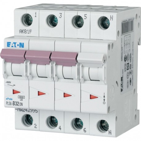 PLS6-B32/3N-MW - PLS6-B32/3N-MW 242995 Y7-242995 EATON ELECTRIC Over current switch, 32A, 3pole+N, type B characteristic