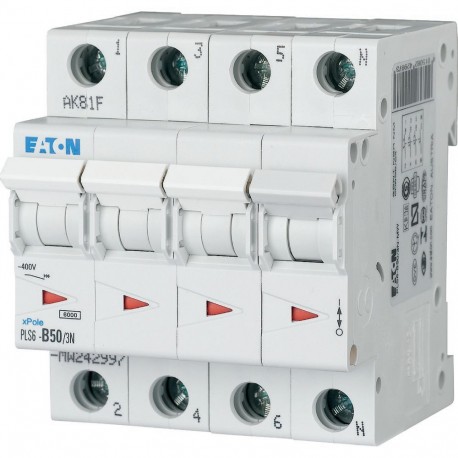 PLS6-B50/3N-MW - PLS6-B50/3N-MW 242997 Y7-242997 EATON ELECTRIC Over current switch, 50A, 3pole+N, type B characteristic