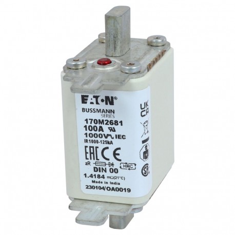 FUSE 100A 1000V DIN 00 AR - FUSE 100A 1000V DIN 00 AR 170M2681 EATON ELECTRIC Fuse-link, high speed, 25 A, AC 1000 V, DIN 00, aR, DIN, I..