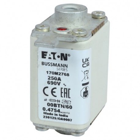 FUSE 250A 690V 00BTN/60 AR - FUSE 250A 690V 00BTN/60 AR 170M2768 EATON ELECTRIC Fuse-link, high speed, 250 A, AC 690 V, size 00, 30 x 62 ..