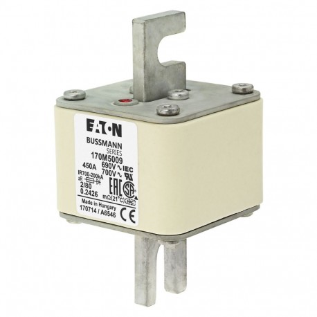 FUSE 450A 690V 2/80 AR UC - FUSE 450A 690V 2/80 AR UC 170M5009 EATON ELECTRIC Fuse-link, high speed, 450 A, AC 690 V, DIN 2, 61 x 61 x 1..