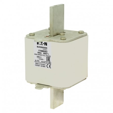 FUSE 500A 690V DIN 3 GR - FUSE 500A 690V DIN 3 GR 170M6083 EATON ELECTRIC Fuse-link, high speed, 40 A, AC 690 V, DIN 00, 30 x 60 x 79 ..