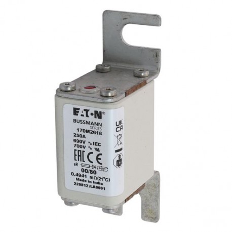 FUSE 250A 690V 00/80 AR UR - FUSE 250A 690V 00/80 AR UR 170M2618 EATON ELECTRIC Fuse-link, high speed, 250 A, AC 690 V, DIN 00, 30 x 51 x..