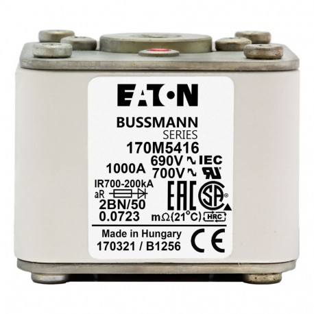 FUSE 1000A 690V 2BN/50 AR UC - FUSE 1000A 690V 2BN/50 AR UC 170M5416 EATON ELECTRIC Fuse-link, high speed, 1000 A, AC 690 V, size 2, 61 x 7..