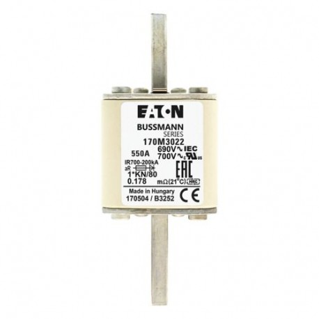 FUSE 550A 690V 1*/80 AR UC - FUSE 550A 690V 1*/80 AR UC 170M3022 EATON ELECTRIC Fuse-link, high speed, 550 A, AC 690 V, compact DIN 1, 45..