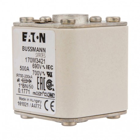 FUSE 500A 690V 1*BN/50 AR UC - FUSE 500A 690V 1*BN/50 AR UC 170M3421 EATON ELECTRIC Fuse-link, high speed, 500 A, AC 690 V, compact size 1,..