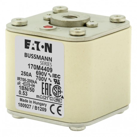 FUSE 250A 690V 1BN/50 AR UC - FUSE 250A 690V 1BN/50 AR UC 170M4409 EATON ELECTRIC Fuse-link, high speed, 250 A, AC 690 V, size 1, 53 x 69 ..