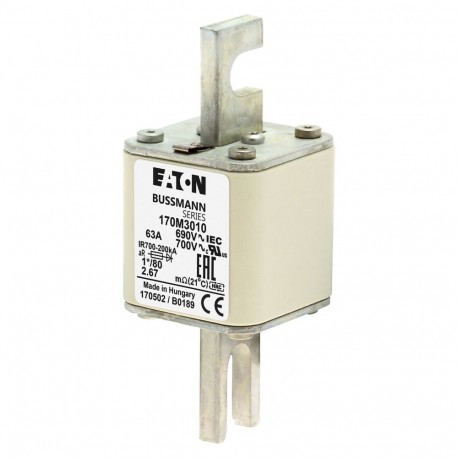 FUSE 63A 690V 1*/80 AR UC - FUSE 63A 690V 1*/80 AR UC 170M3010 EATON ELECTRIC Fuse-link, high speed, 63 A, AC 690 V, compact DIN 1, 45 x..