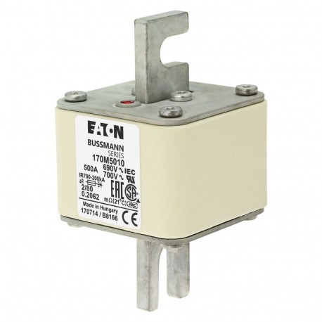 FUSE 500A 690V 2/80 AR UC - FUSE 500A 690V 2/80 AR UC 170M5010 EATON ELECTRIC Fuse-link, high speed, 500 A, AC 690 V, DIN 2, 61 x 61 x 1..