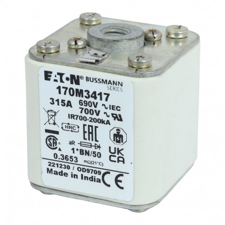 FUSE 315A 690V 1*BN/50 AR UC - FUSE 315A 690V 1*BN/50 AR UC 170M3417 EATON ELECTRIC Fuse-link, high speed, 315 A, AC 690 V, compact size 1,..
