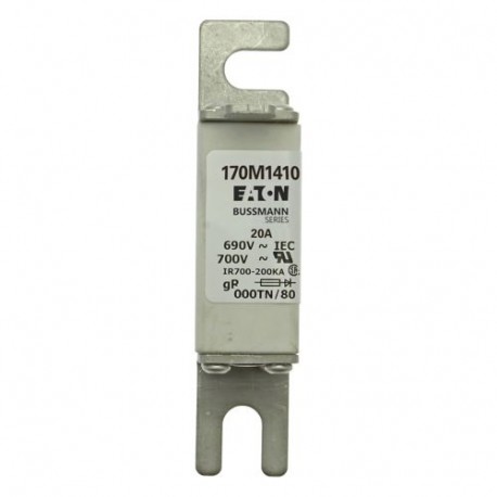 FUSE 20A 690V 000TN/80 GR UC - FUSE 20A 690V 000TN/80 GR UC 170M1410 EATON ELECTRIC Fuse-link, high speed, 20 A, AC 690 V, DIN 000, 21 x 40..
