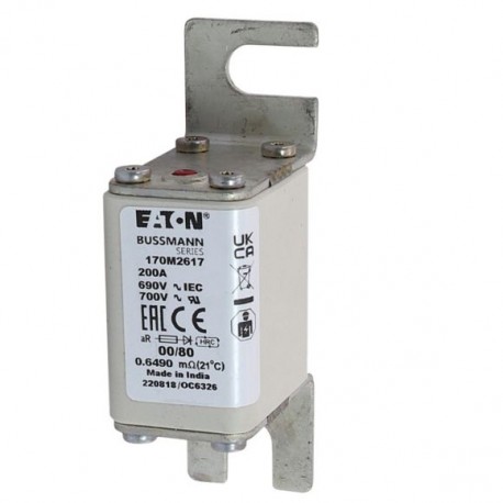 FUSE 200A 690V 00/80 AR UR - FUSE 200A 690V 00/80 AR UR 170M2617 EATON ELECTRIC Fuse-link, high speed, 200 A, AC 690 V, DIN 00, 30 x 51 x..