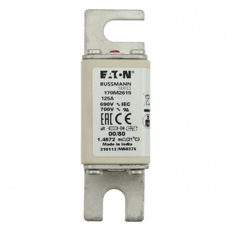 FUSE 125A 690V 00/80 AR UR - FUSE 125A 690V 00/80 AR UR 170M2615 EATON ELECTRIC Fuse-link, high speed, 125 A, AC 690 V, DIN 00, 30 x 51 x..