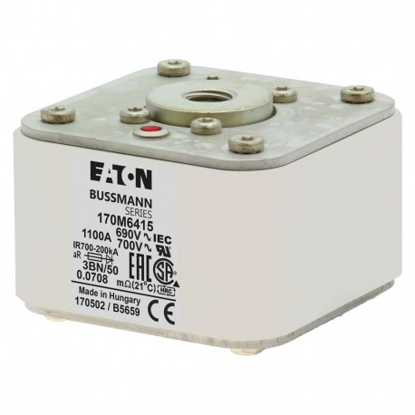 FUSE 1100A 690V 3BN/50 AR UC - FUSE 1100A 690V 3BN/50 AR UC 170M6415 EATON ELECTRIC Fuse-link, high speed, 1100 A, AC 690 V, size 3, aR, IE..