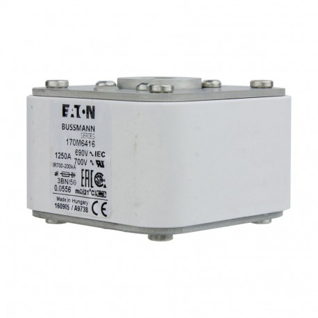 FUSE 1250A 690V 3BN/50 AR UC - FUSE 1250A 690V 3BN/50 AR UC 170M6416 EATON ELECTRIC Fuse-link, high speed, 1250 A, AC 690 V, size 3, aR, IE..