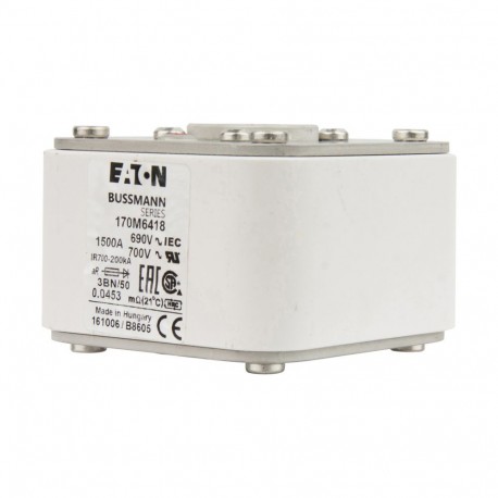 FUSE 1500A 690V 3BN/50 AR UC - FUSE 1500A 690V 3BN/50 AR UC 170M6418 EATON ELECTRIC Fuse-link, high speed, 1500 A, AC 690 V, size 3, aR, IE..