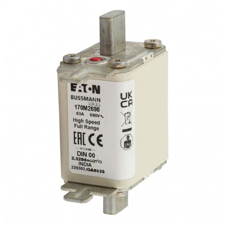 FUSE 63A 690V DIN 00 GR - FUSE 63A 690V DIN 00 GR 170M2698 EATON ELECTRIC Fuse-link, high speed, 63 A, AC 690 V, DIN 00, 30 x 51 x 100..