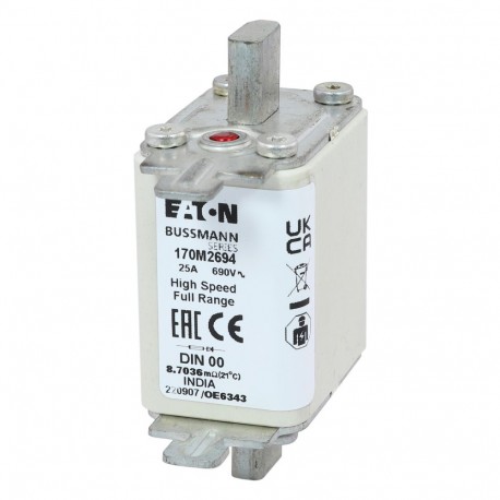 FUSE 10A 690V DIN 00 GR - FUSE 10A 690V DIN 00 GR 170M2691 EATON ELECTRIC Fuse-link, high speed, 80 A, AC 690 V, DIN 00, gR, DIN, IEC,..