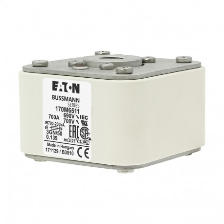 FUSE 700A 690V 3GN/50 AR UC - FUSE 700A 690V 3GN/50 AR UC 170M6511 EATON ELECTRIC Fuse-link, high speed, 700 A, AC 690 V, size 3, 76 x 92 ..