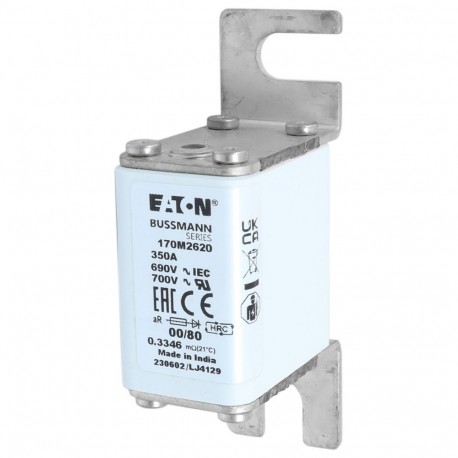 FUSE 350A 690V 00/80 AR UR - FUSE 350A 690V 00/80 AR UR 170M2620 EATON ELECTRIC Fuse-link, high speed, 350 A, AC 690 V, DIN 00, 30 x 51 x..