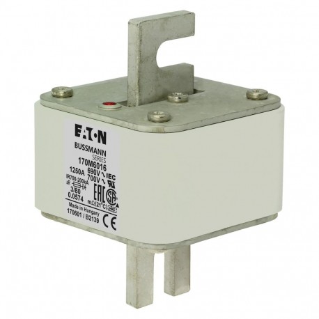 FUSE 1250A 690V 3/80 AR UC - FUSE 1250A 690V 3/80 AR UC 170M6016 EATON ELECTRIC Fuse-link, high speed, 1250 A, AC 690 V, DIN 3, 76 x 76 x..