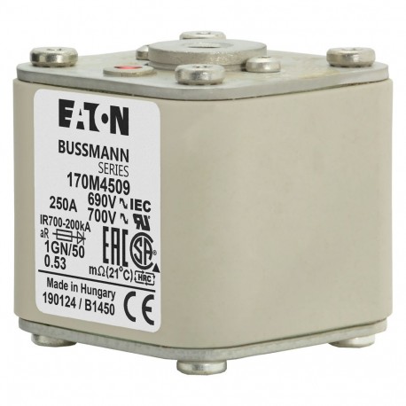FUSE 250A 690V 1GN/50 AR UC - FUSE 250A 690V 1GN/50 AR UC 170M4509 EATON ELECTRIC Fuse-link, high speed, 250 A, AC 690 V, size 1, 53 x 69 ..