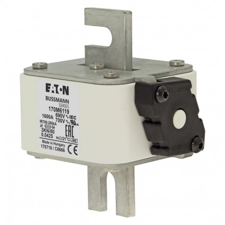 FUSE 1600A 690V 3KN/80 AR UC - FUSE 1600A 690V 3KN/80 AR UC 170M6119 EATON ELECTRIC Fuse-link, high speed, 1600 A, AC 690 V, DIN 3, 76 x 92..
