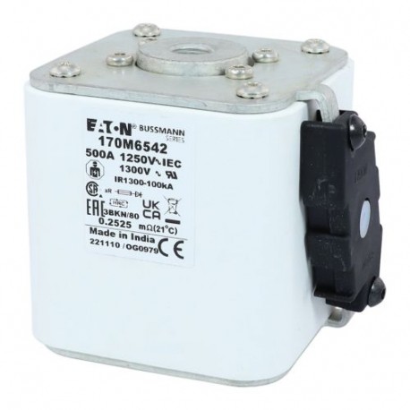 FUSE 500A 1250V 3BKN/80 AR CU - FUSE 500A 1250V 3BKN/80 AR CU 170M6542 EATON ELECTRIC Fuse-link, high speed, 500 A, AC 1250 V, size 3, 76 x ..