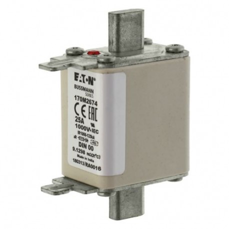 FUSE 25A 1000V DIN 00 AR - FUSE 25A 1000V DIN 00 AR 170M2674 EATON ELECTRIC Fuse-link, high speed, 25 A, AC 1000 V, DIN 00, aR, DIN, IE..