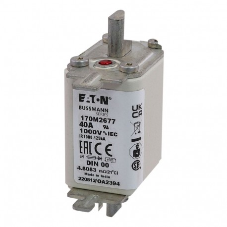 FUSE 40A 1000V DIN 00 AR - FUSE 40A 1000V DIN 00 AR 170M2677 EATON ELECTRIC Fuse-link, high speed, 25 A, AC 1000 V, DIN 00, aR, DIN, IE..