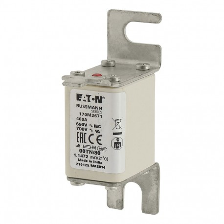 FUSE 400A 690V 00TN/80 AR UR - FUSE 400A 690V 00TN/80 AR UR 170M2671 EATON ELECTRIC Fuse-link, high speed, 400 A, AC 690 V, DIN 00, 30 x 51..