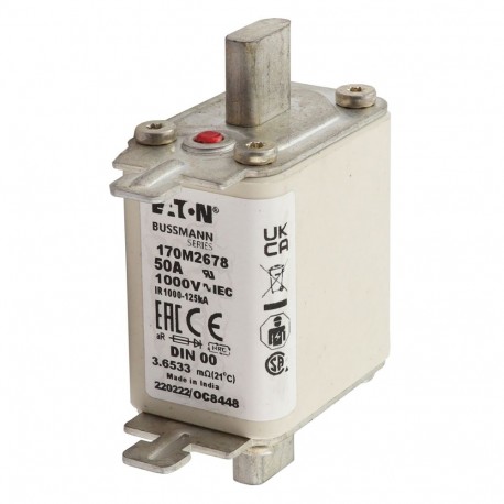 FUSE 50A 1000V DIN 00 AR - FUSE 50A 1000V DIN 00 AR 170M2678 EATON ELECTRIC Fuse-link, high speed, 20 A, AC 1000 V, DIN 00, aR, DIN, IE..