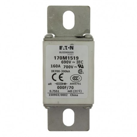 FUSE 100A 690V 000F/70 AR UR - FUSE 100A 690V 000F/70 AR UR 170M1517 EATON ELECTRIC Fuse-link, high speed, 100 A, AC 690 V, size 000, 24 x ..