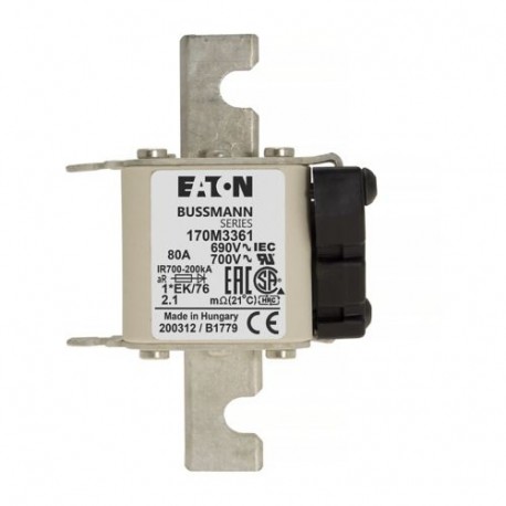FUSE 80A 690V 1*EK/76 AR UC - FUSE 80A 690V 1*EK/76 AR UC 170M3361 EATON ELECTRIC Fuse-link, high speed, 80 A, AC 690 V, compact size 1, 4..