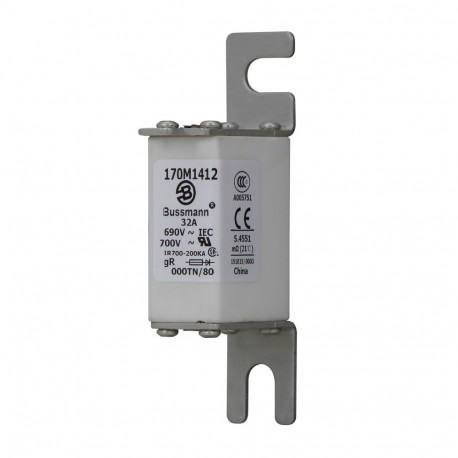 FUSE 32A 690V 000TN/80 GR UC - FUSE 32A 690V 000TN/80 GR UC 170M1412 EATON ELECTRIC Fuse-link, high speed, 32 A, AC 690 V, DIN 000, gR, DIN..