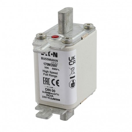 FUSE 50A 690V DIN 00 GR - FUSE 50A 690V DIN 00 GR 170M2697 EATON ELECTRIC Fuse-link, high speed, 50 A, AC 690 V, DIN 00, 30 x 51 x 100..