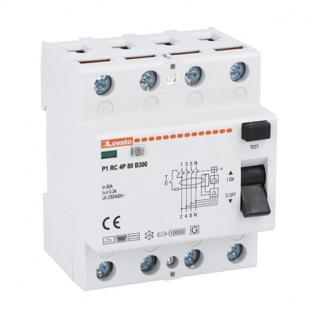 P1RC4P80B300 - P1RC4P80B300 LOVATO RESIDUAL CURRENT OPERATED CIRCUIT BREAKER, 4 MODULES, 4P TYPE B, 80A, 300mA