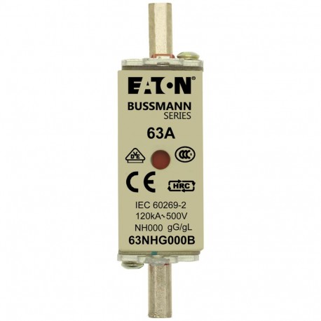 63NHG000B - 63NHG000B EATON ELECTRIC Fuse-link, LV, 63 A, AC 500 V, NH000, gL/gG, IEC, dual indicator, live gripping lugs