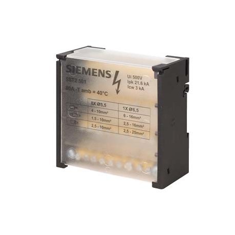 5ST2501 - 5ST2501 SIEMENS Distribution block 4-pole, 80 A, 500V Input: 1x 6-16 mm2 Output: 8x 4-10 mm2 for installatio..