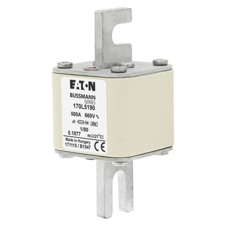 FUSE 500A 660V 1/80 AR - FUSE 500A 660V 1/80 AR 170L5190 EATON ELECTRIC Fuse-link, high speed, 500 A, AC 660 V, Size 1, 51 x 51 x 111..