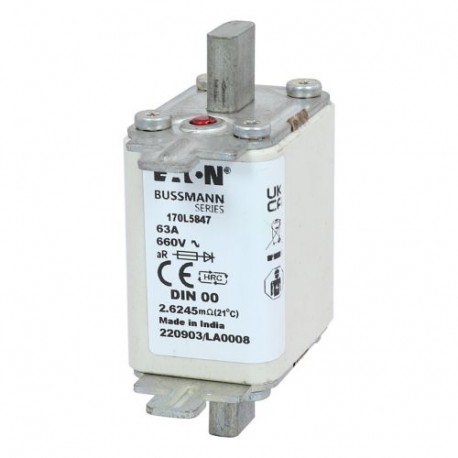 FUSE 63A 660V DIN 00 AR - FUSE 63A 660V DIN 00 AR 170L5847 EATON ELECTRIC Fuse-link, high speed, 63 A, AC 660 V, DIN 00, 30 x 60 x 78 ..