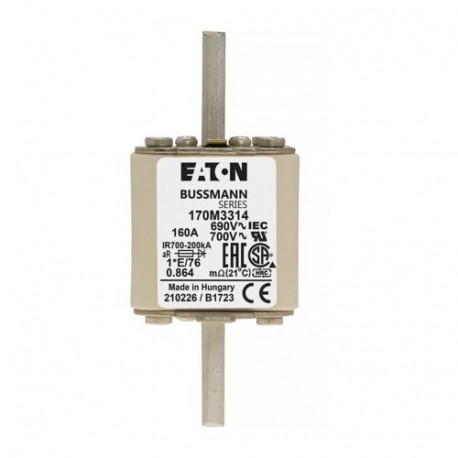 FUSE 160A 690V 1*E/76 AR UC - FUSE 160A 690V 1*E/76 AR UC 170M3314 EATON ELECTRIC Fuse-link, high speed, 160 A, AC 690 V, compact size 1, ..