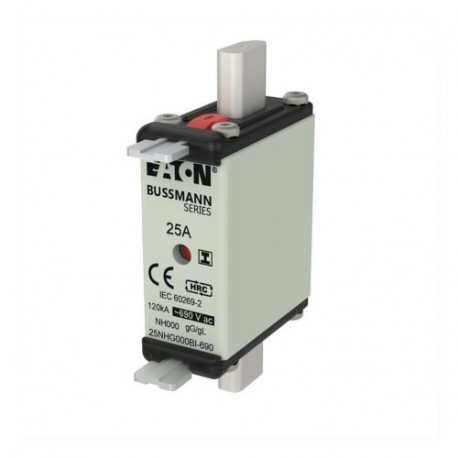 25NHG000BI-690 - 25NHG000BI-690 EATON ELECTRIC Fuse-link, LV, 25A, AC 690 V, NH000, gL/gG, IEC, dual indicator, insulated gri..