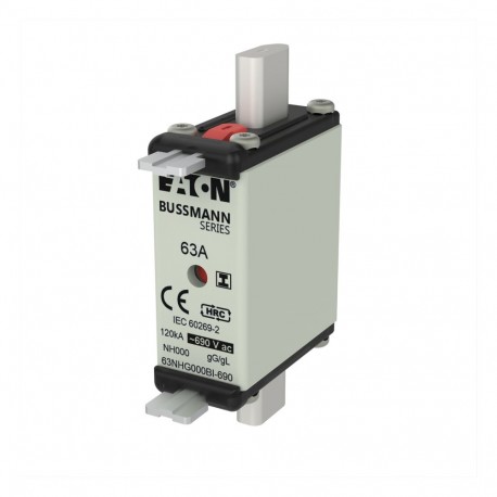 63NHG000BI-690 - 63NHG000BI-690 EATON ELECTRIC Fuse-link, LV, 63 A, AC 690 V, NH000, gL/gG, IEC, dual indicator, insulated gr..