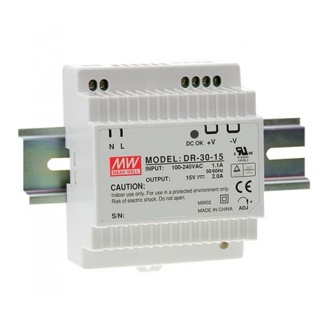 DR-30-15 - DR-30-15 MEANWELL AC-DC Industrial DIN rail power supply, Output 15VDC / 2A, plastic T-shape case