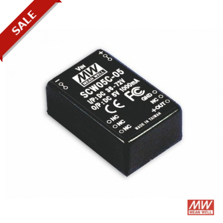 SCW05B-05 - SCW05B-05 MEANWELL DC-DC Converter for PCB mount, Input 18-36VDC, Output 5VDC / 1A, DIP Through hole package